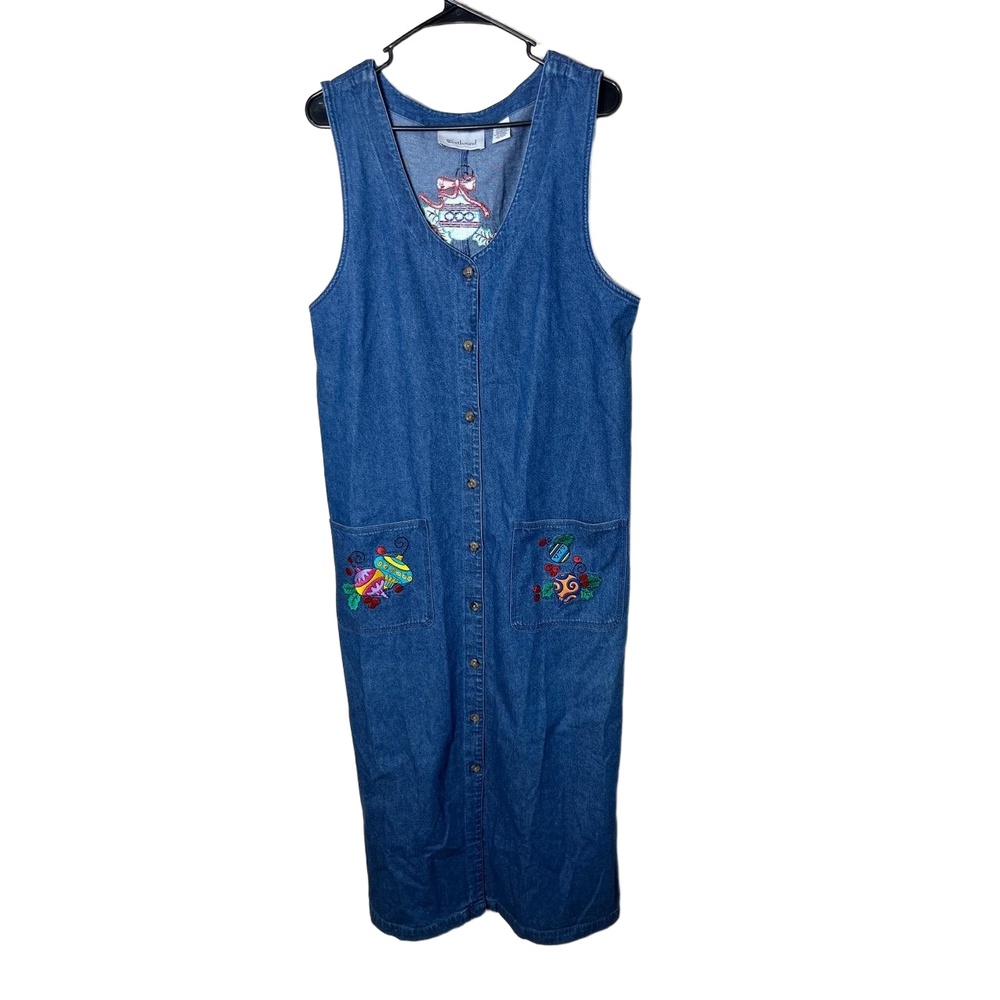 Westbound‎ Vintage Christmas Denim Maxi Dress Button Front Embroidered L